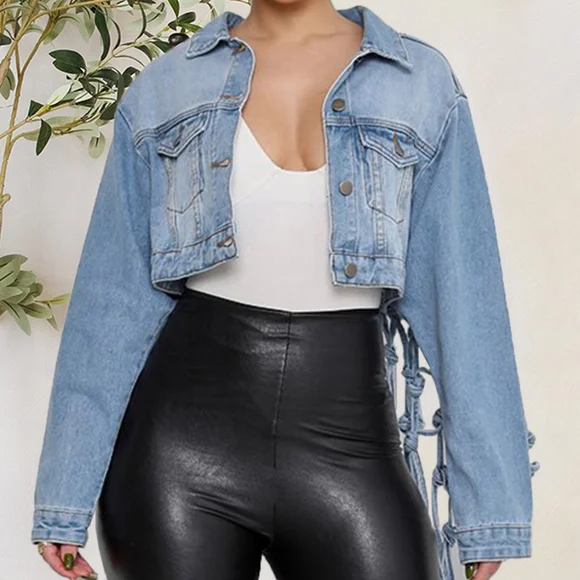 Tie Detail Button Up Denim Jacket with Pockets - Picture 2 of 4